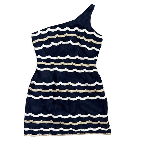 Lilly Pulitzer Tylar One-Shoulder Mini Dress Navy White &‎ Gold Striped Size 6 - Picture 4 of 11